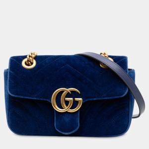 مملوكة مسبقًا Gucci Blue Small GG Marmont Matelasse Velvet Shoulder Bag