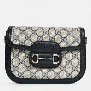 Pre Owned حقيبة كتف صغيرة غوتشي هورسبيت 1955 نقش GG أزرق بحري