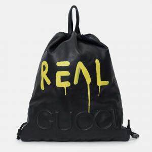 Pre Owned Gucci Black Leather Ghost Printed "Real" Drawstring Backpack