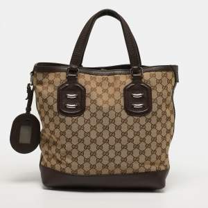Pre Owned Gucci Techno Brown/Beige GG Canvas and Leather Tote
