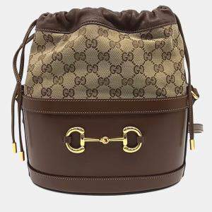 مملوكة مسبقًا Gucci Brown Coated Canvas and Leather 1955 Horsebit Bucket Bag