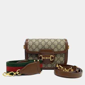 Pre Owned Gucci Beige Brown PVC Horsebit 1955 Mini Bag