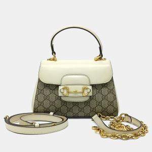 Pre Owned Gucci Beige White Coated Canvas and Leather Horsebit 1955 Mini Bag