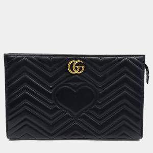 Pre Owned Gucci Black Leather Marmont Matelasse Clutch
