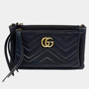 Pre Owned Gucci Black Leather Marmont Matelasse Double Zip Crossbody Bag