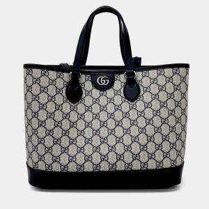 Pre Owned Gucci Beige Navy Blue PVC Ophidia Gg Small Tote Bag