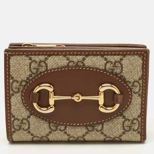 Pre Owned Gucci Horsebit 1955 Beige/Brown GG Supreme Canvas and Leather Compact Wallet