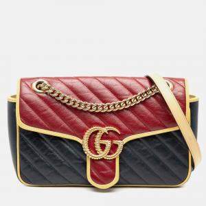 مملوكة مسبقًا Gucci Blue Red Medium GG Marmont Bicolor Matelasse Diagonal Leather Torchon Shoulder Bag