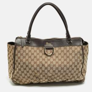 Pre Owned Gucci Abbey Large Dark Brown/Beige GG Canvas Tote