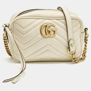 Pre Owned Gucci GG Marmont Mini Off White Matelassé Leather Camera Bag
