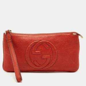 Pre Owned Gucci Soho Orange Leather Wristlet Pouch