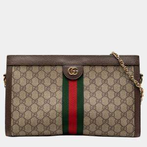 Pre Owned Gucci Brown Medium GG Supreme Web Ophidia Chain Shoulder Bag