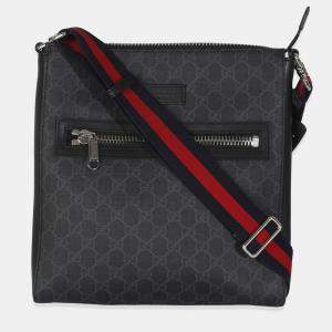Pre Owned Gucci Black Grey GG Supreme Appia Calfskin Web Flat Messenger Bag