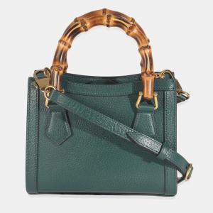 Pre Owned Gucci Dark Green Textured Dollar Calfskin Mini Diana Bamboo Top Handle Bag