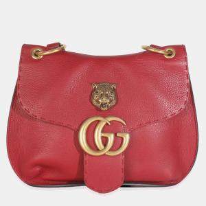 Pre Owned Gucci Red Pebbled Calfskin Marmont Animalier Shoulder Bag