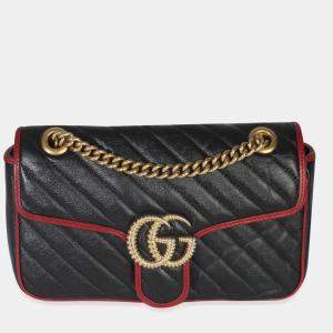 Pre Owned Gucci Red/Black Calfskin Torchon GG Marmont Bag