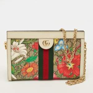 Pre Owned Gucci Ophidia Small Off White/Multicolor Flora GG Supreme Canvas Shoulder Bag