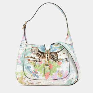 Pre Owned Gucci White Yuko Higuchi Small Calfskin  Floral Print Jackie 1961