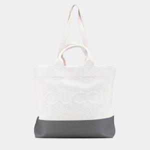 Pre Owned Gucci Grey White Canvas Embossed Logo Tote