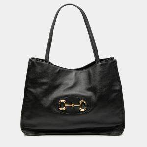 Pre Owned Gucci Black Medium Leather Horsebit 1955 Tote