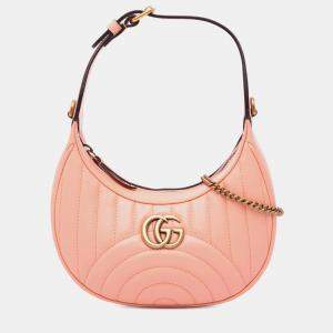 Pre Owned Gucci Pink Mini Matelasse Leather GG Marmont Half Moon Hobo