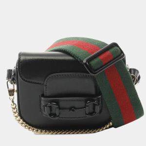 Pre Owned Gucci Black Mini Leather Horsebit 1955 Web Satchel