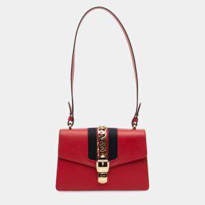 Pre Owned Gucci Red Small Leather Sylvie Web Satchel