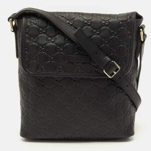 Pre Owned Gucci Flap Black Guccissima Leather Messenger Bag
