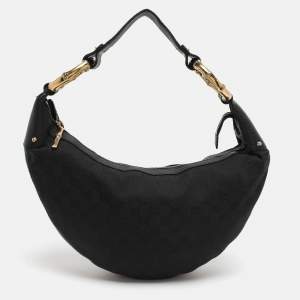 Pre Owned Gucci Bamboo Ring Black GG Canvas and Leather Hobo