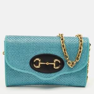 Pre Owned Gucci Horsebit 1955 Blue Woven Straw Chain Clutch