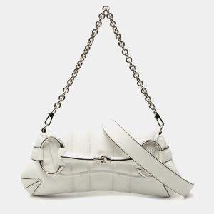 مملوكة مسبقًا Gucci White Small Quilted Leather Horsebit Chain Satchel