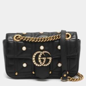 Pre Owned Gucci GG Pearl Marmont Flap Mini Black Matelassé Leather Shoulder Bag