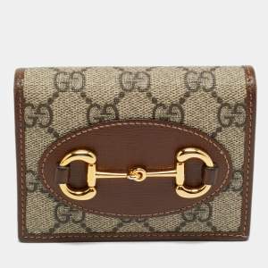 مملوكة مسبقًا Gucci Horsebit 1955 Brown/Beige GG Supreme Canvas and Leather Flap Card Case