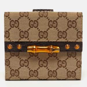 مملوكة مسبقًا Gucci Bamboo Bar Beige/Brown GG Canvas and Croc Embossed Leather French Wallet