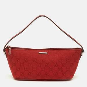 Pre Owned Gucci Boat Red GG Canvas and Leather Baguette