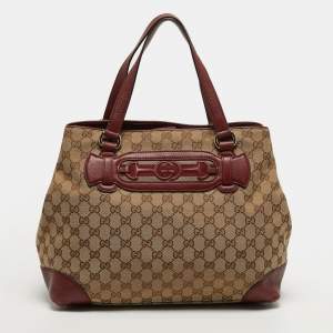 Pre Owned Gucci Supreme Web Dressage Dark Medium Red/Beige GG Canvas and Leather Tote