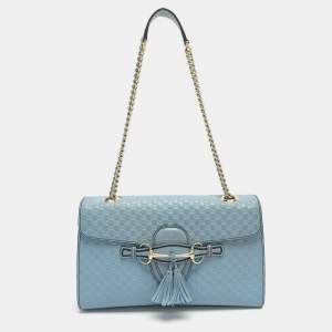 Pre Owned Gucci Emily Medium Light Blue Microguccissima Leather Shoulder Bag
