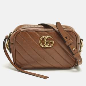 Pre Owned Gucci GG Marmont Mini Brown Diagonal Matelasse Leather Camera Bag