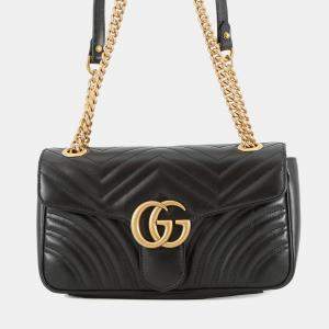 Pre Owned Gucci GG Marmont Chain shoulder Bag Black Leather