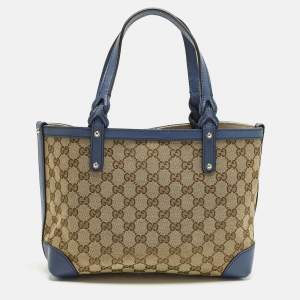 Pre Owned Gucci Craft Small Blue/Beige GG Canvas and Leather Tote