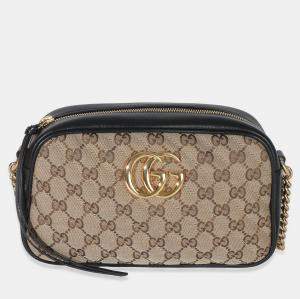 Pre Owned Gucci Beige Black Matelasse Diagonal Small GG Marmont Chain Shoulder Bag