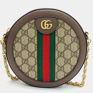 Pre Owned Gucci Beige Brown PVC Ophidia Mini GG Round Shoulder Bag