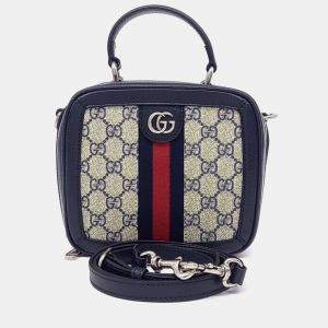 Pre Owned Gucci Navy Blue Canvas Ophidia GG Top Handle Bag Mini