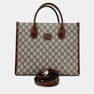 Pre Owned Gucci Beige Brown Coated Canvas GG Small Tote Bag