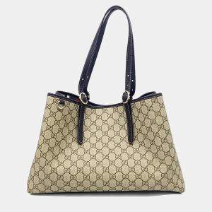 Pre Owned Gucci Beige Brown Coated Canvas and Leather GG Emblem Medium Shoulder Bag