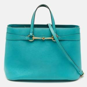 Pre Owned Gucci Bright Bit Large Turquoise Leather Tote