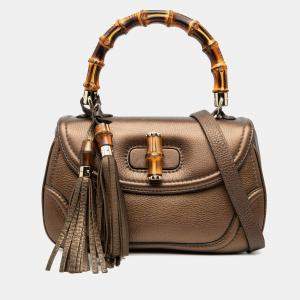 Pre Owned حقيبة غوتشي ساتشل بامبو جديد جلد بني وسط