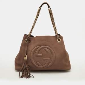 Pre Owned Gucci Soho Medium Brown Nubuck Leather Chain Shoulder Bag