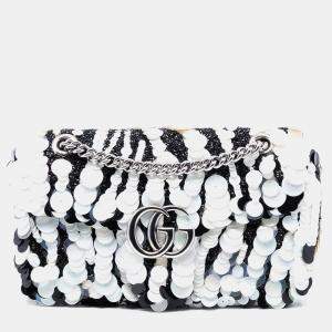 Pre Owned Gucci Black White Medium GG Marmont Sequin Embellished Leather Shoulder Bag