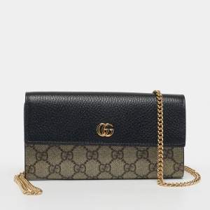 Pre Owned Gucci GG Marmont Black/Beige GG Supreme Canvas and Leather Wallet On Chain
